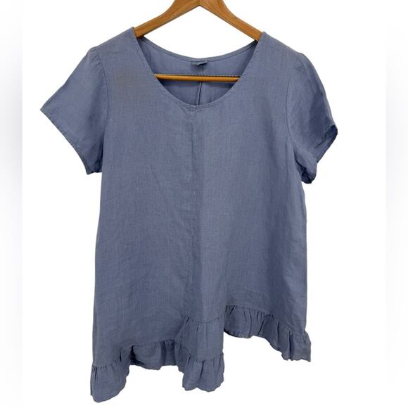 Et Lois Blue Ruffle Asymmetrical Hem Women's 100% Linen Top Size Large - Picture 1 of 4